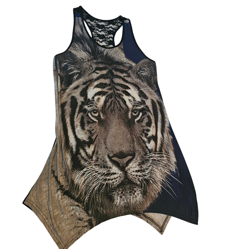 Tiger Tank Top Rhinestone Embellished‎ Sleeveless Casual Top XL/XXL
